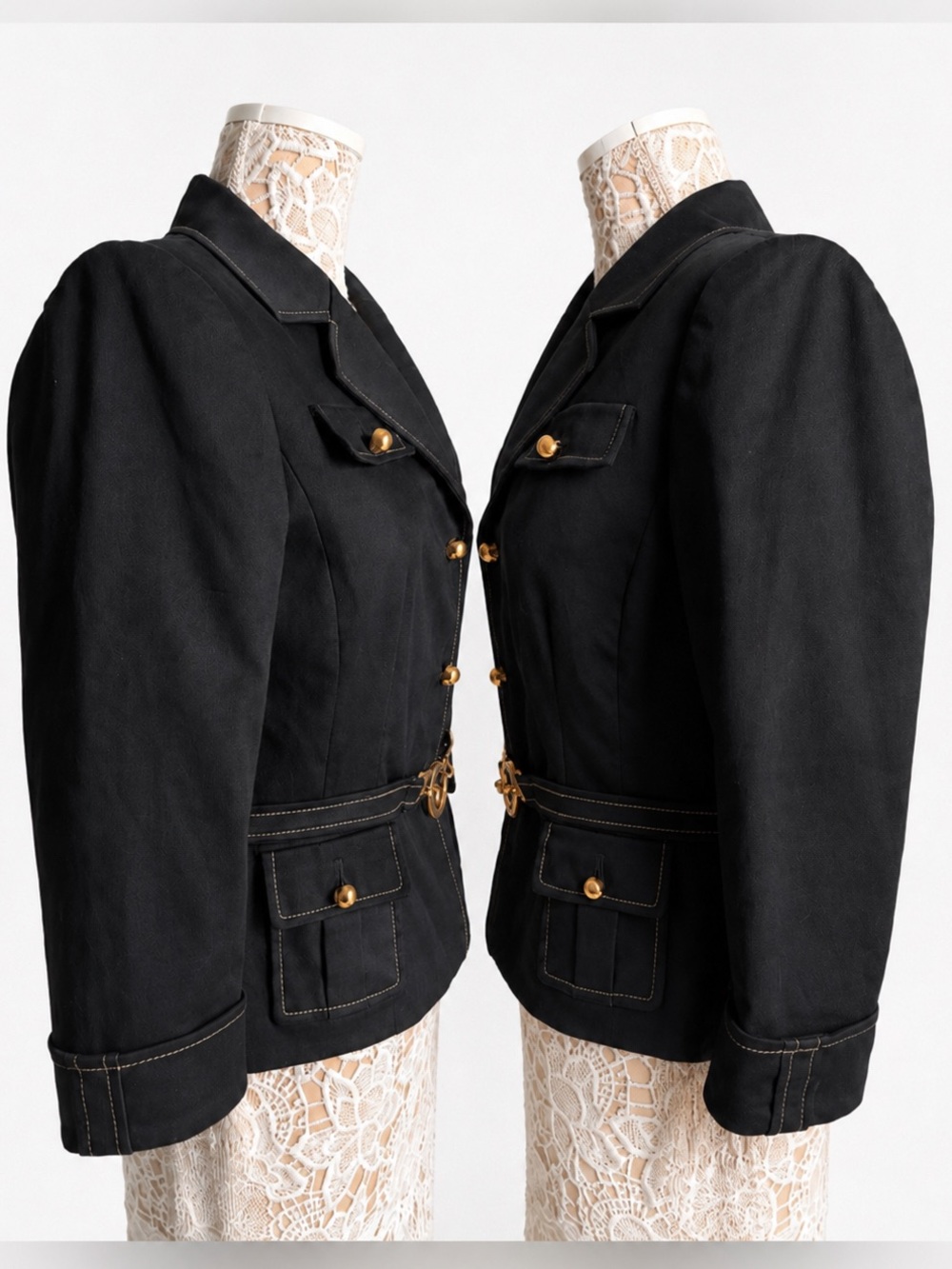 Tahari Arthur S Levine Y2K Belted Charcoal Blazer Gold Hardware Sz 10 - Picture 5 of 17